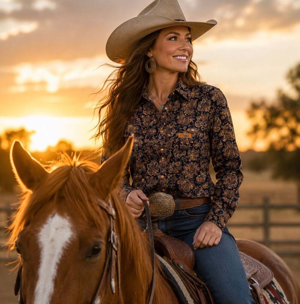 Cowgirl Hardware Women’s L Western Pearl Snap Shirt Paisley Floral Black Brown